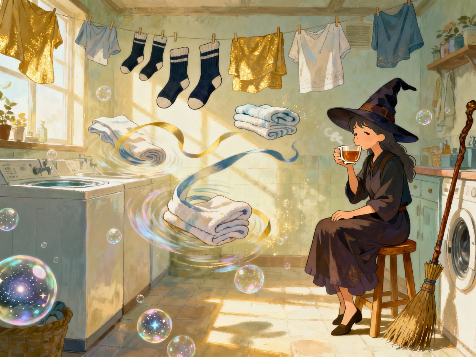 Enchanted Laundry Room with Dancing Clothes and Witch