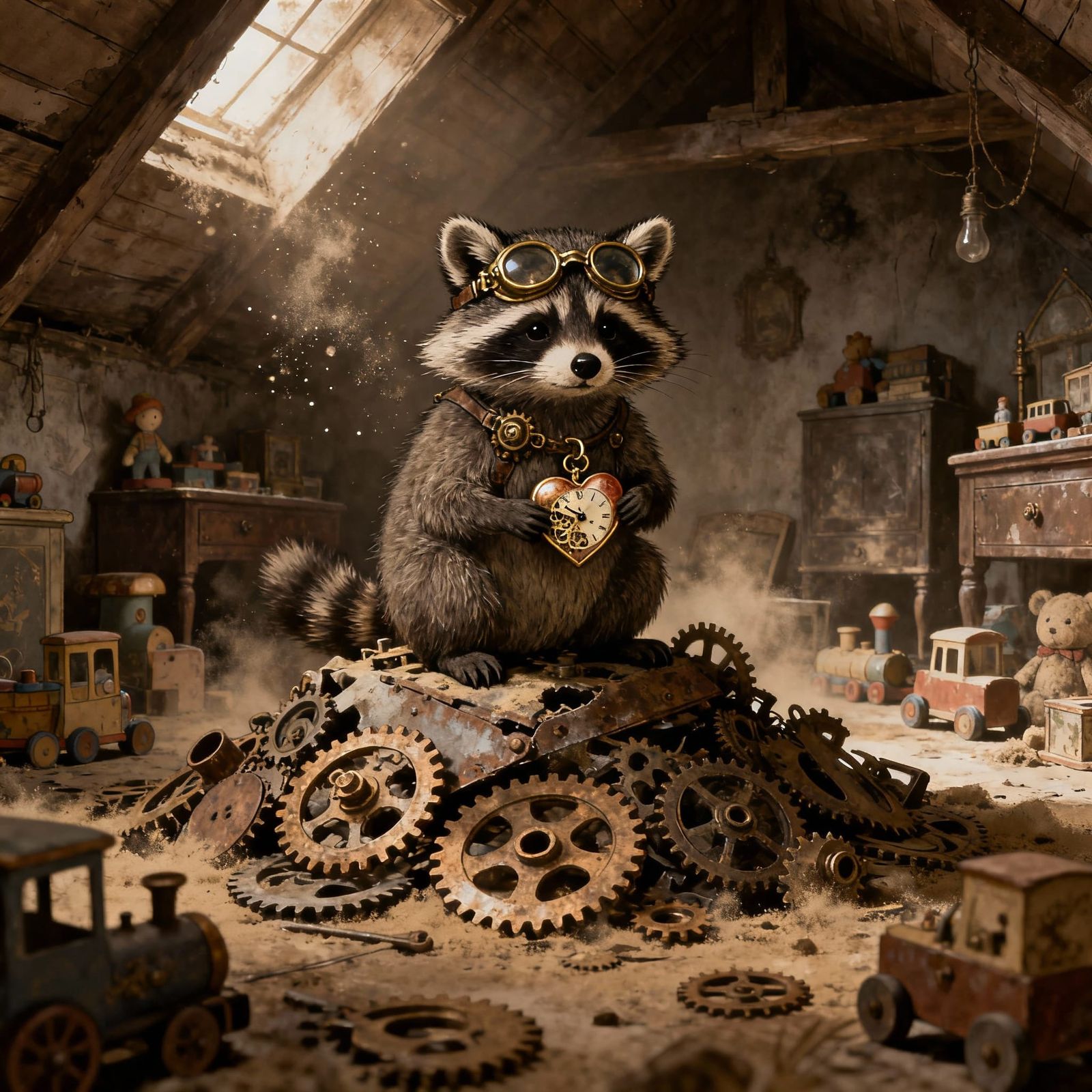 Steampunk Raccoon with Clockwork Heart in Dusty Attic