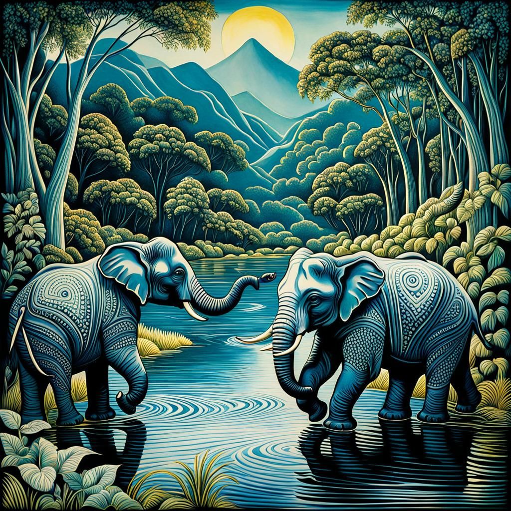 Elephants Play in River, Zentangle Art Deco Style