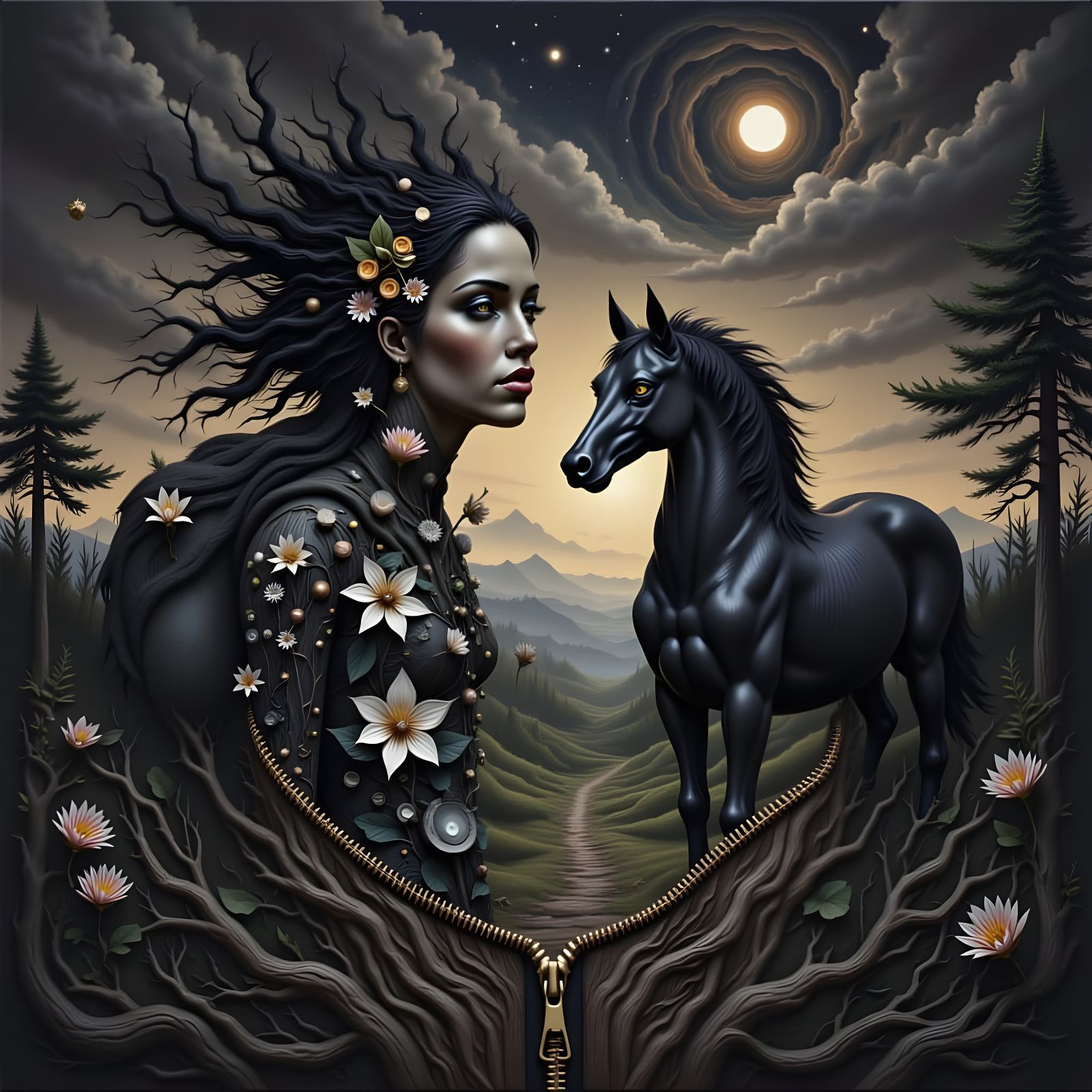 Surreal Portrait of Woman With Zippered Face and Wood Eyes