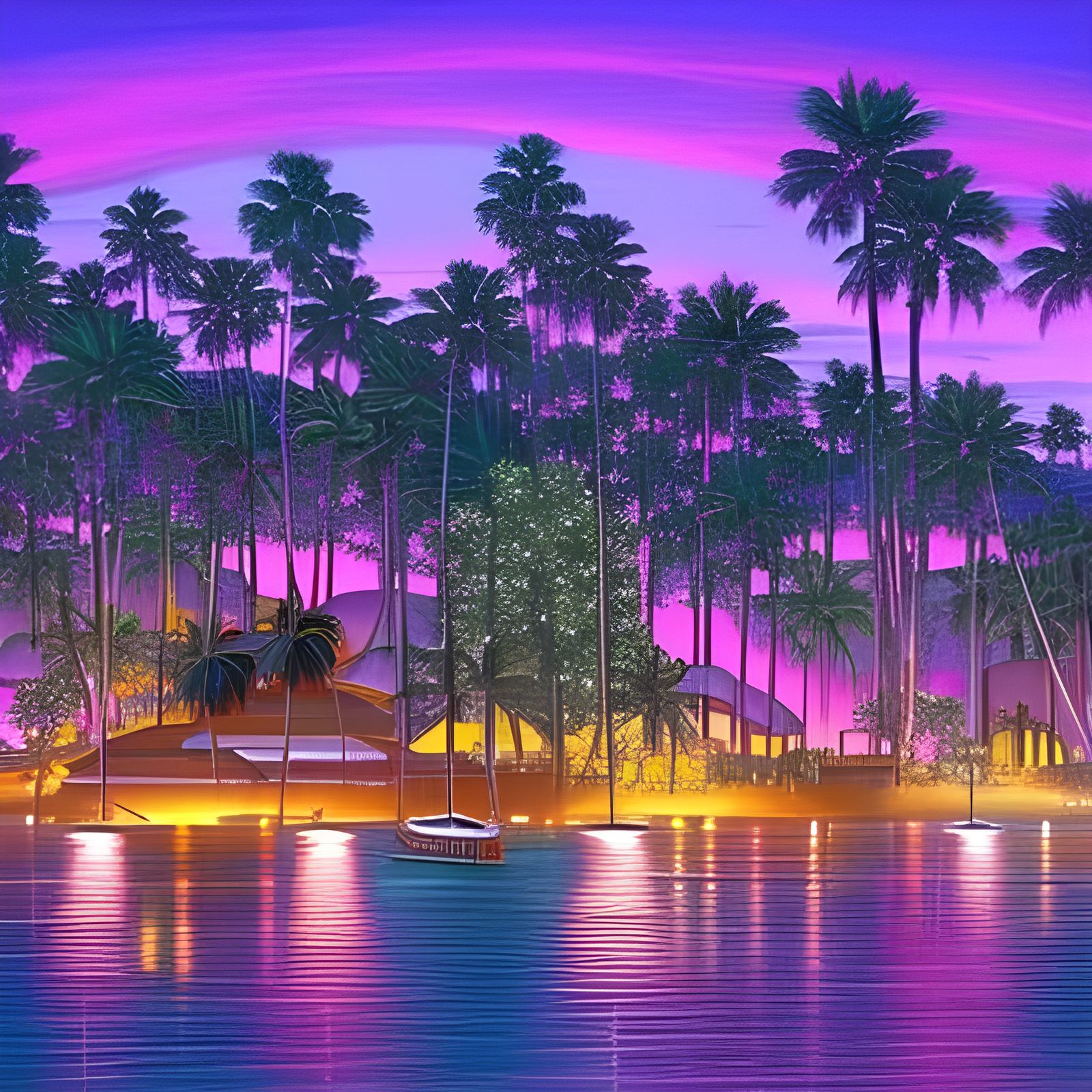 Romantic Cityscape with Palm Trees and Stars