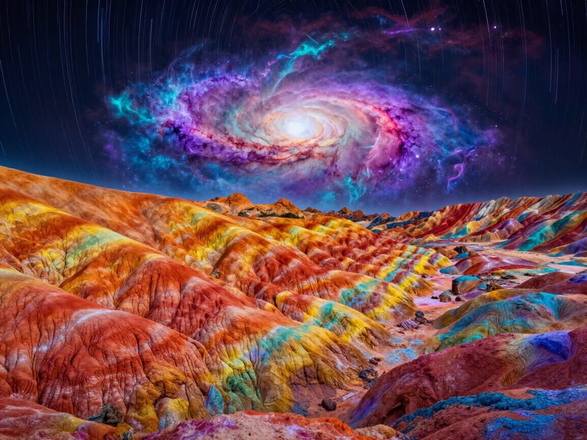 Surreal Rainbow Landscape with Cosmic Galaxy Sky