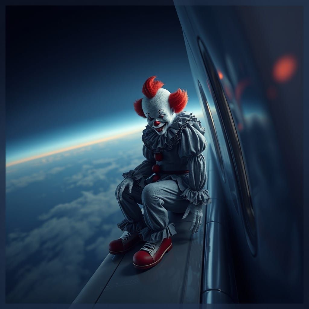 Hyper-Realistic 3D Clown on Airplane Wing in the Night