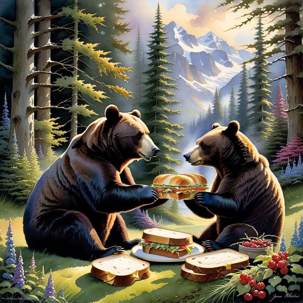 Two Bears Making Sandwiches: Watercolor Miracle