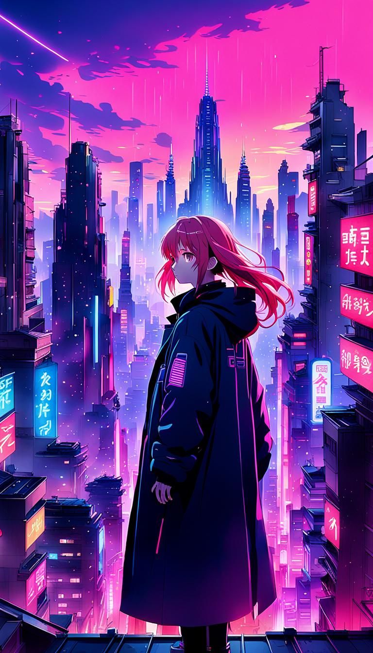 Futuristic Anime Cityscape with Neon Lights