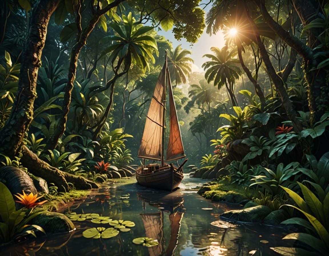 Tropical Sunset: Sailing Boat in Forest Stream