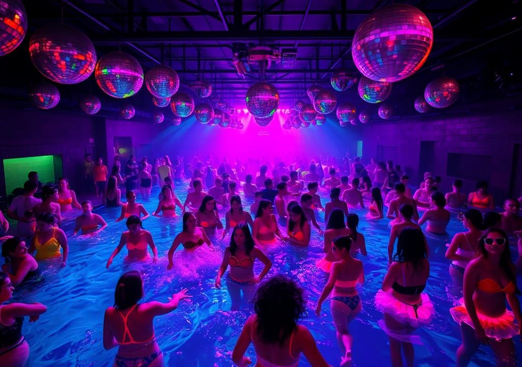 Vibrant Disco Party in Futuristic Neon-Lit Pool