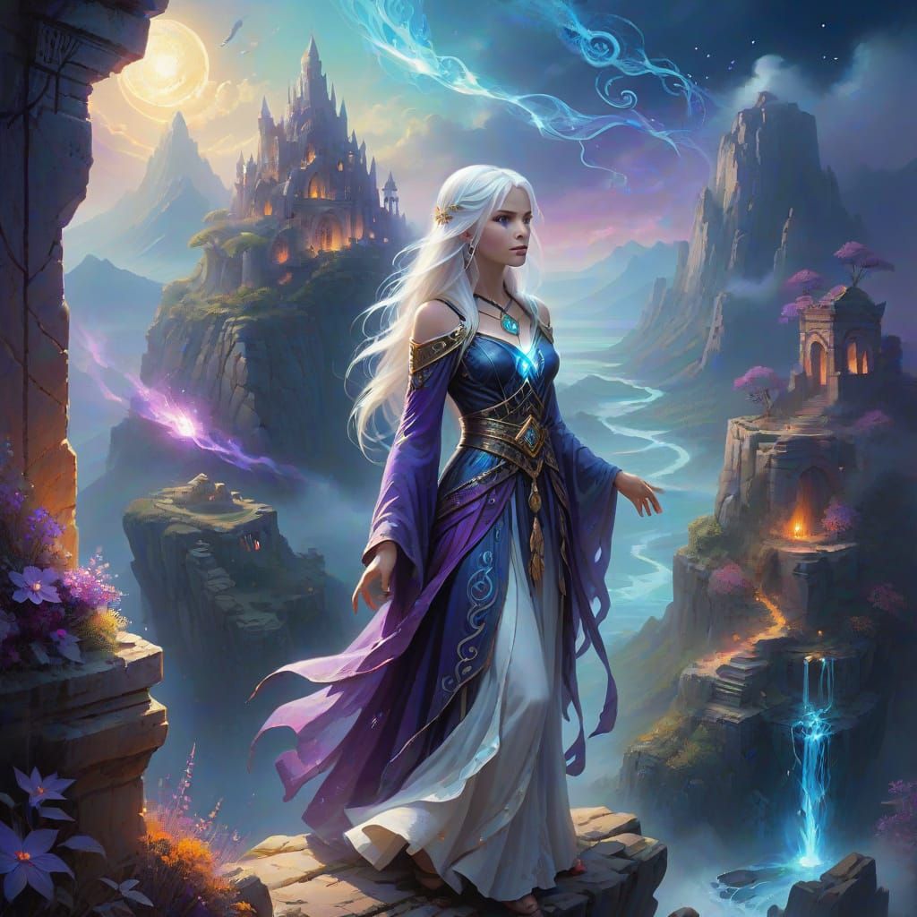 Sorceress on Cliff Overlooking Mystical Landscapes