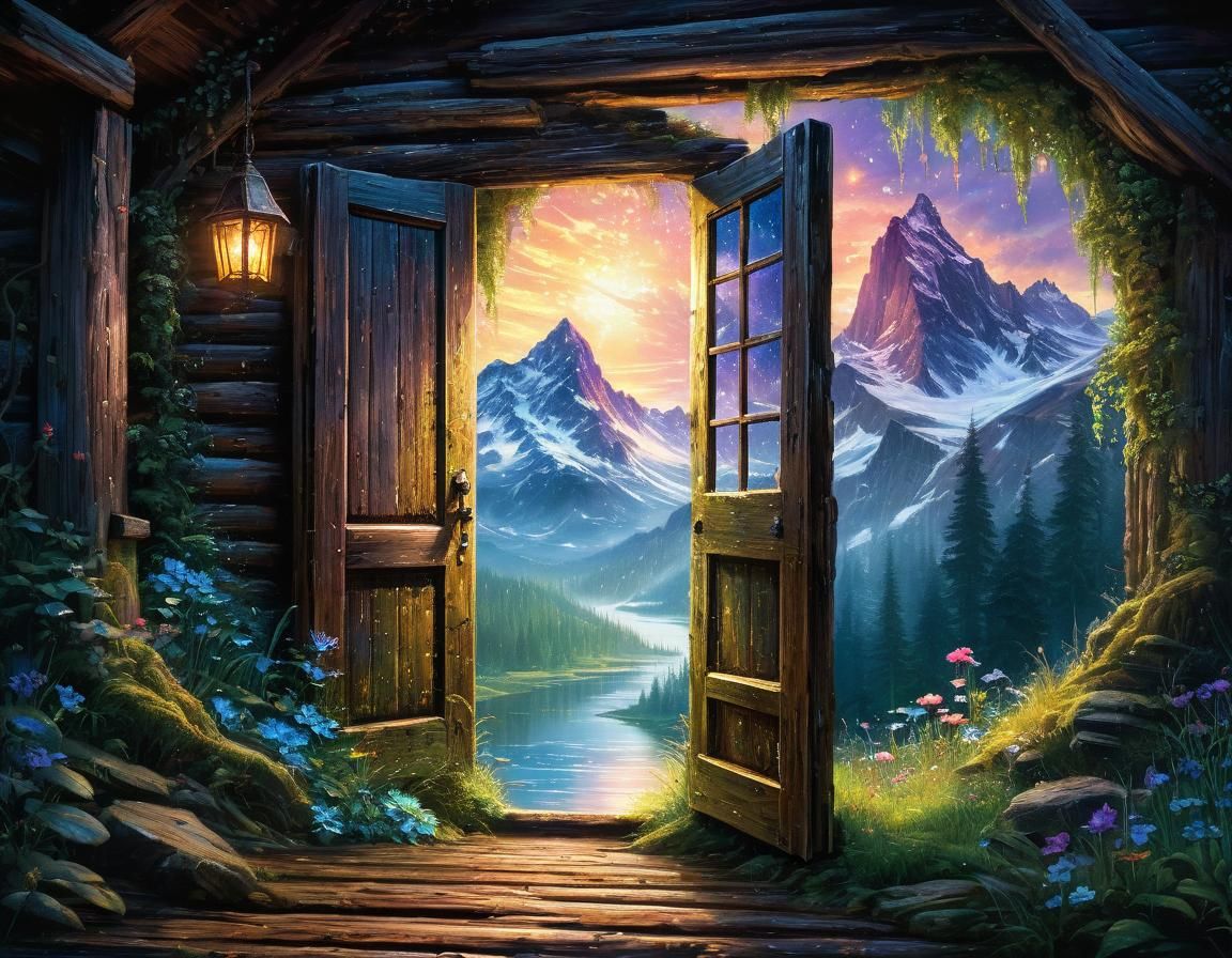 Magical Fairy Landscape Through Rustic Doorway
