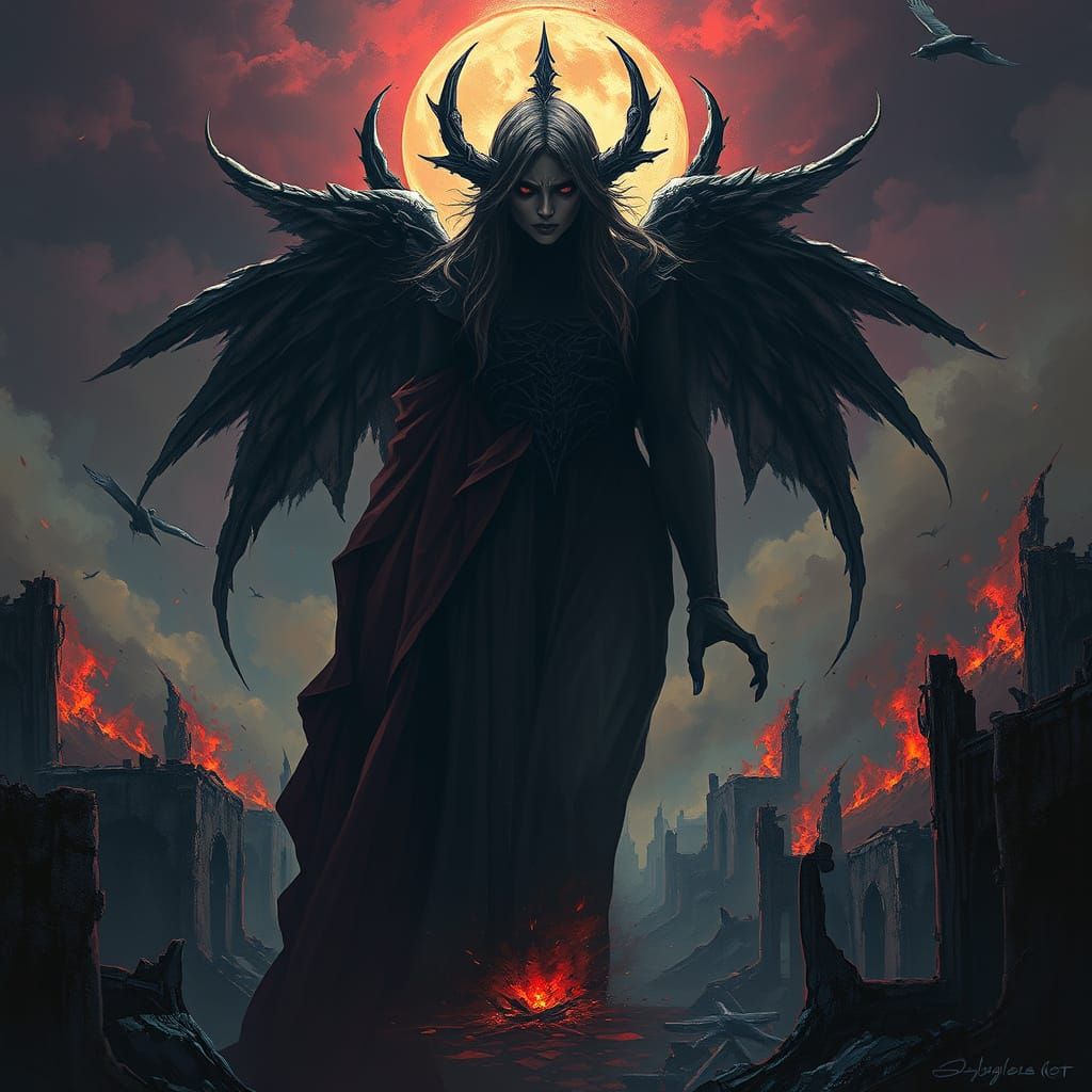 Goddess of Disaster over Gothic City in Dark Fantasy Style