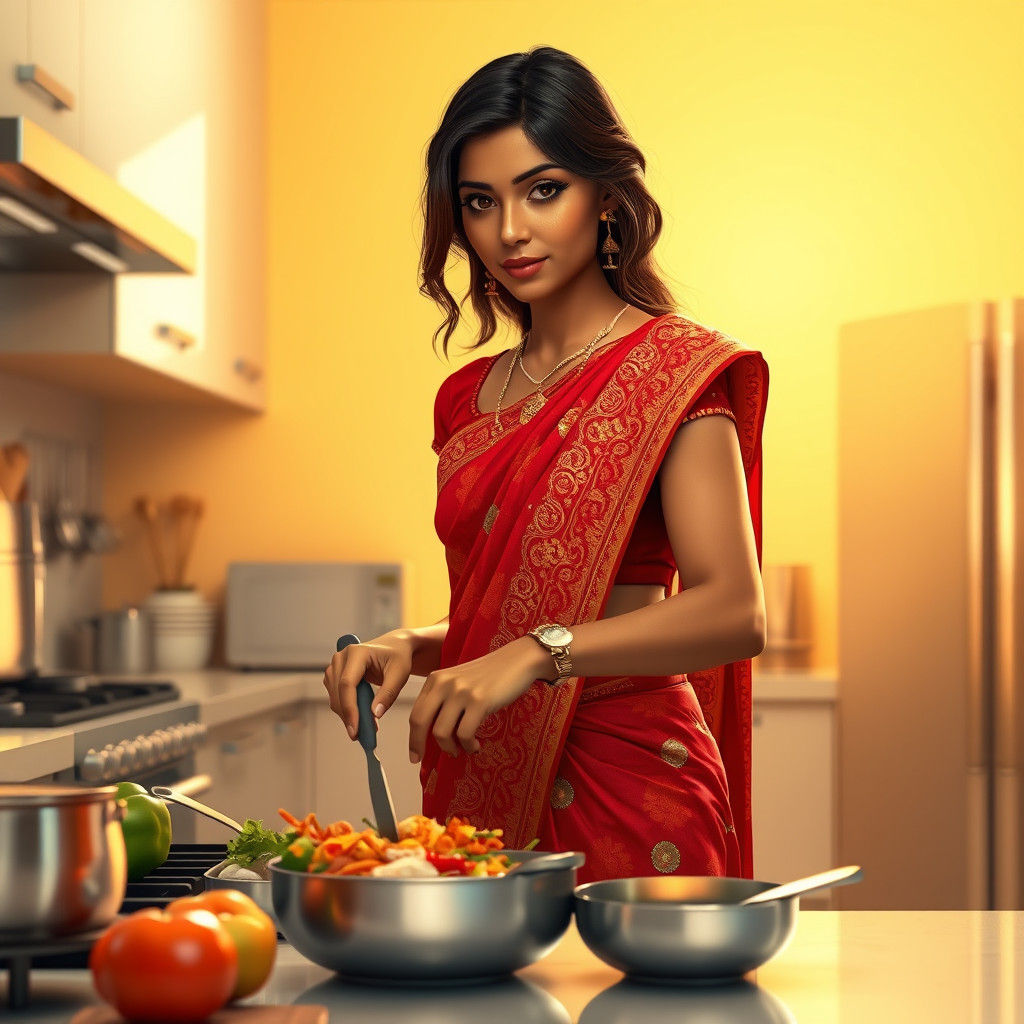 Bengali Wife Cooking a Meal: 3D Digital Art