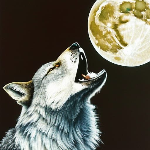 Fierce Wolf Howling at Moon in Ink and Watercolor