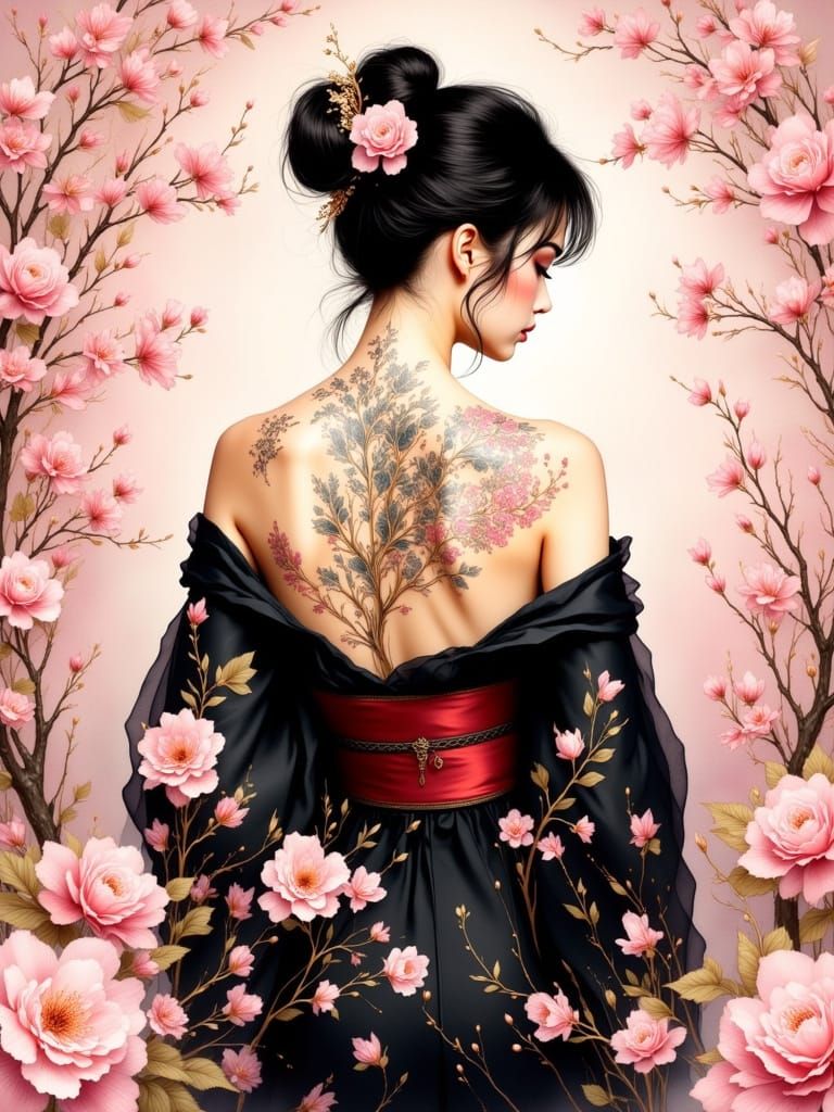 Woman with Rose Tattoo in Kimono