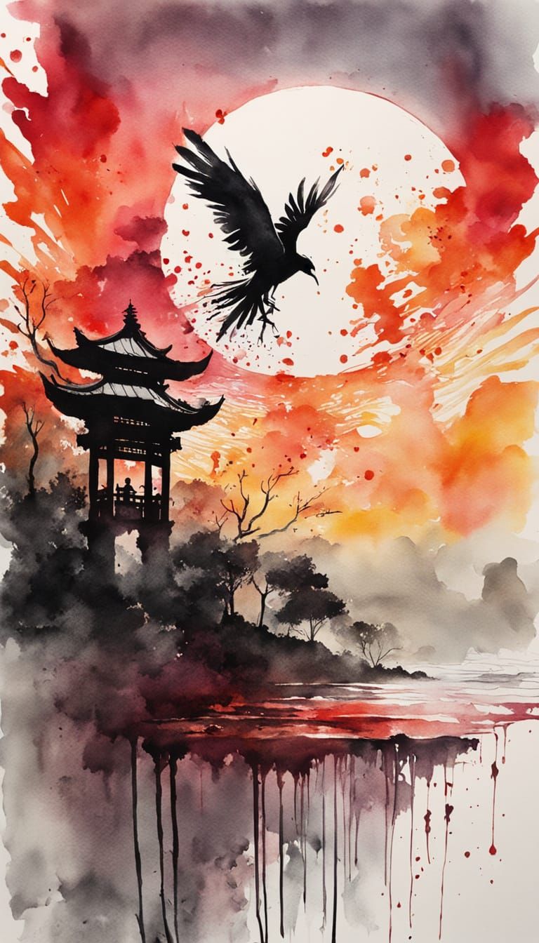 Chinese Woman in Bamboo Garden Ink Painting