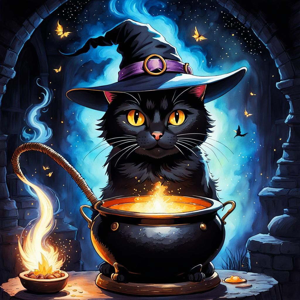 Cat as Witch in Anime Watercolor Style