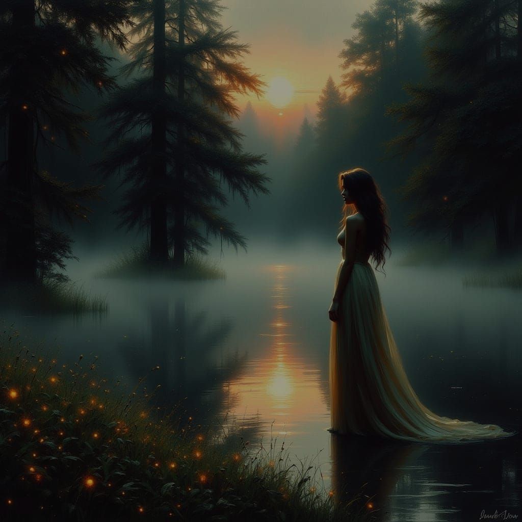 Woman at Misty Lake in Art Nouveau Style