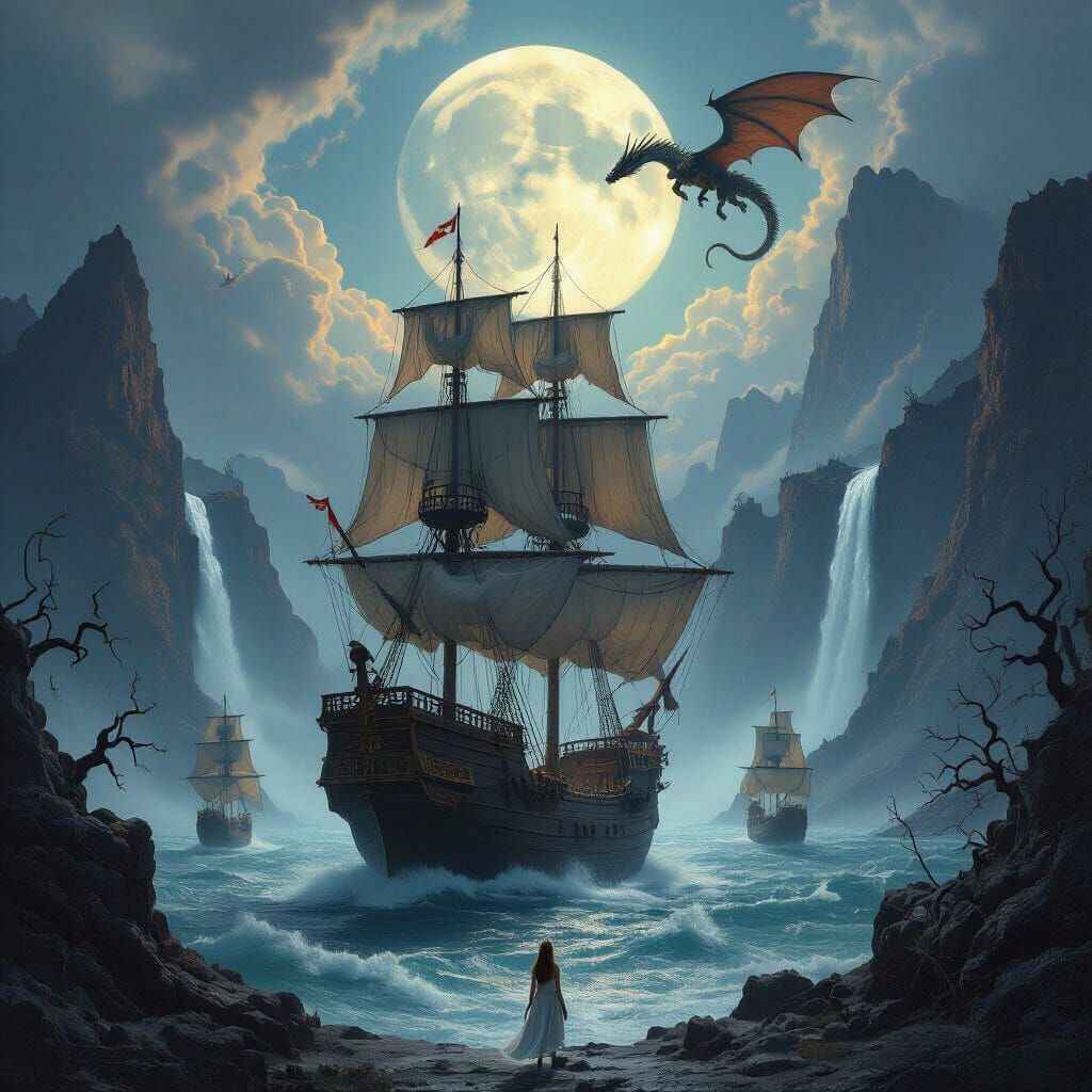 Majestic Galleon and Dragon Under Volcanic Waterfall