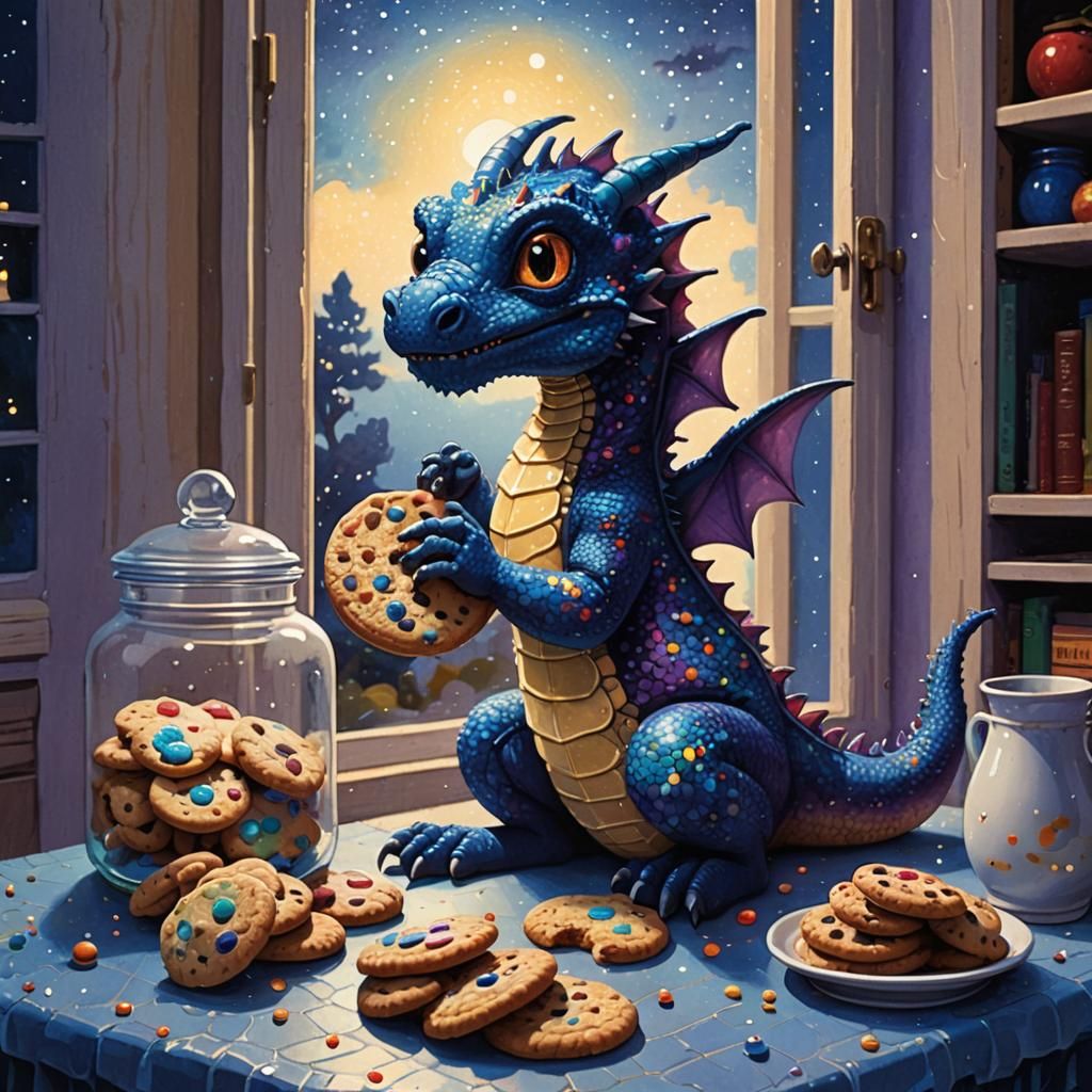 Blue Dragon Cookie Heist in Pointillism Style