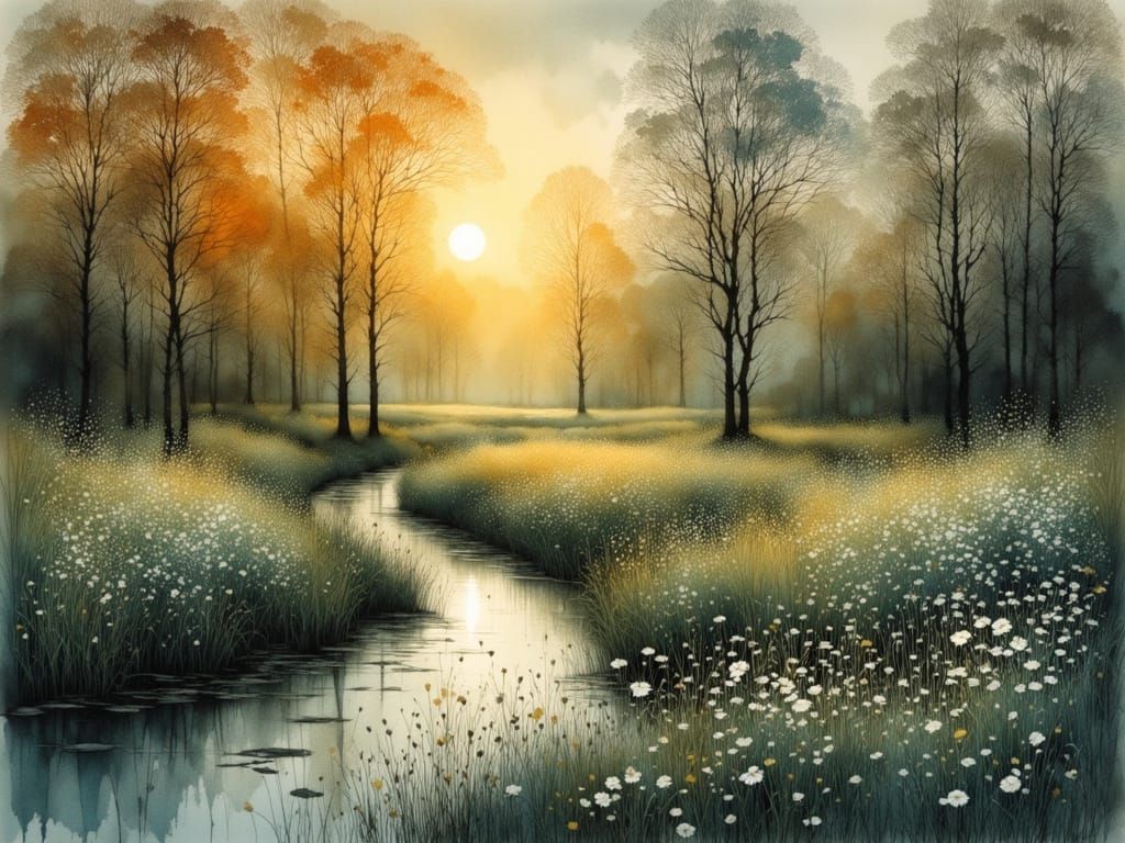 Sunlit Valley Forest in Delicate Watercolor Style