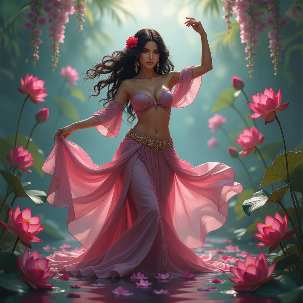 Rebellious Woman Dancing in Flowers: Luminism Style