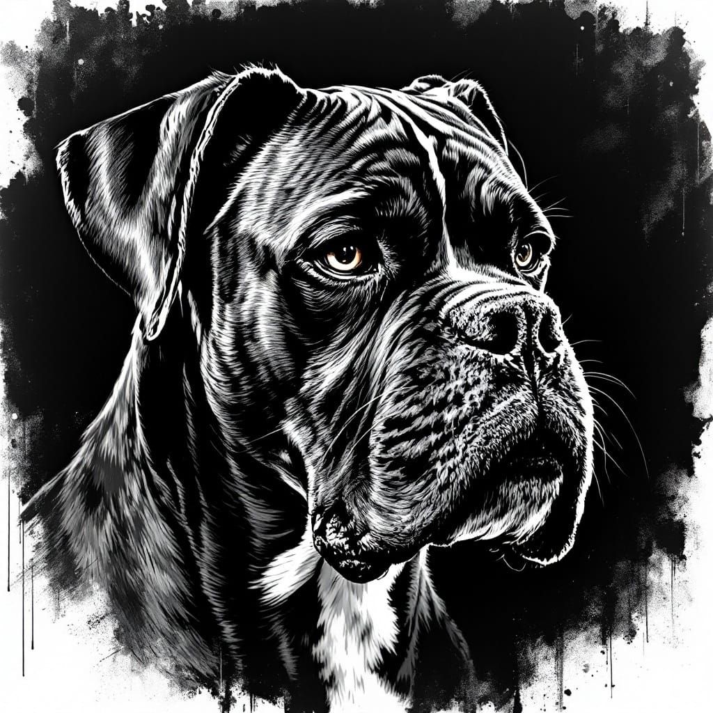 Fierce German Boxer in Hyperdetailed Charcoal