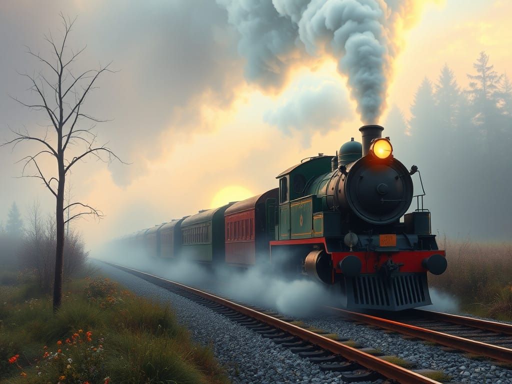 Rustic Steam Train Emerging through Enchanted Morning Mist