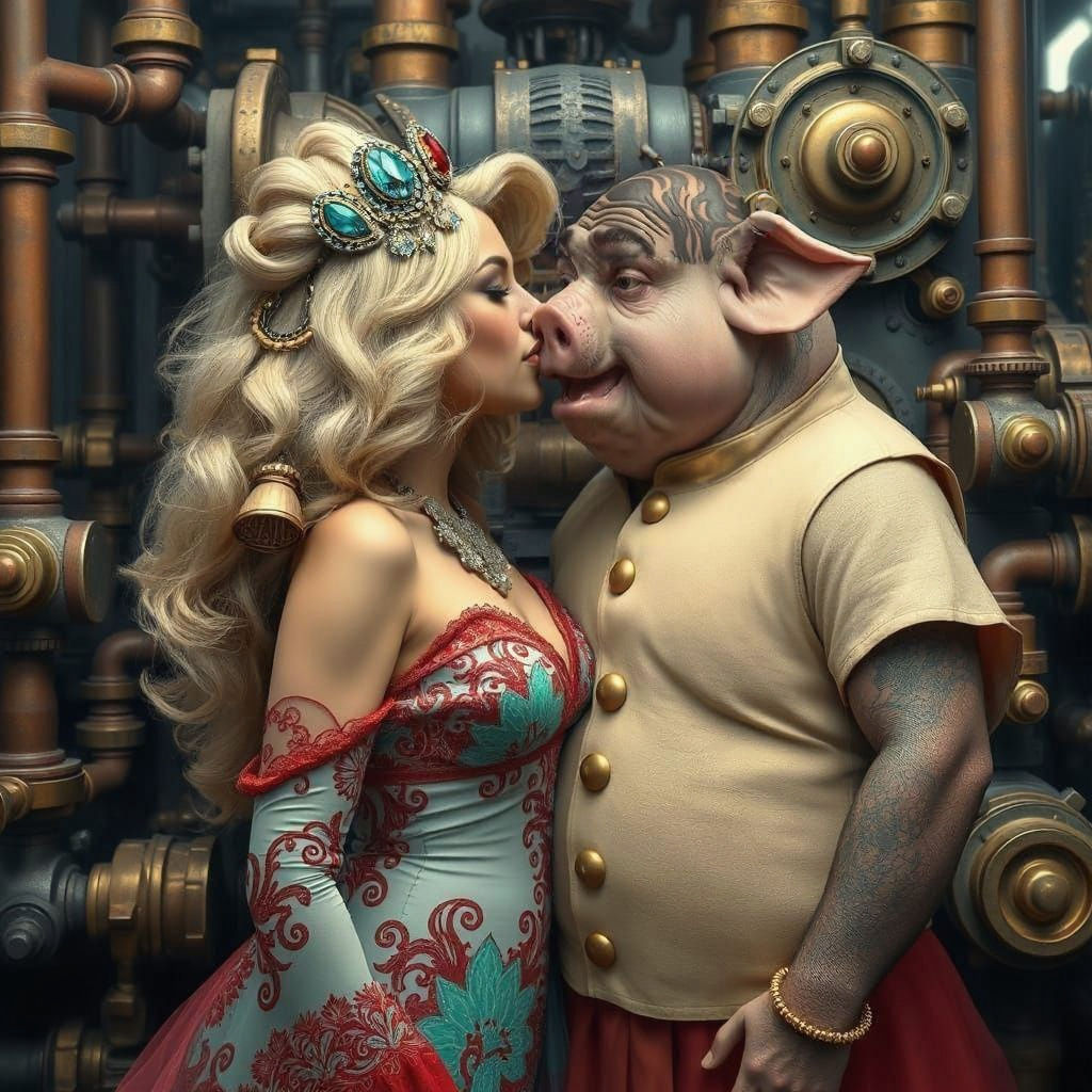Steampunk Beauty Kissing a Pudgy Pig-Man