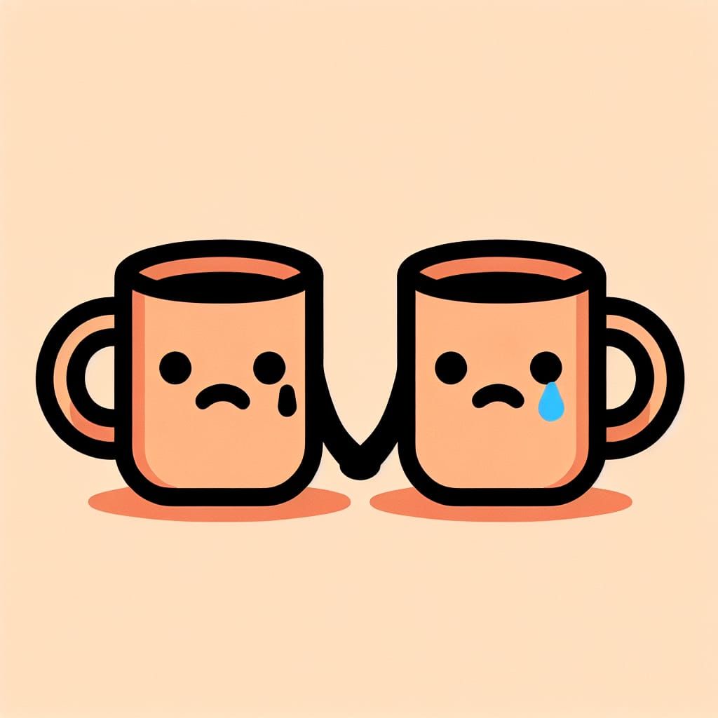 Sad Coffee Mugs Holding Hands: Emoji-Style Illustration