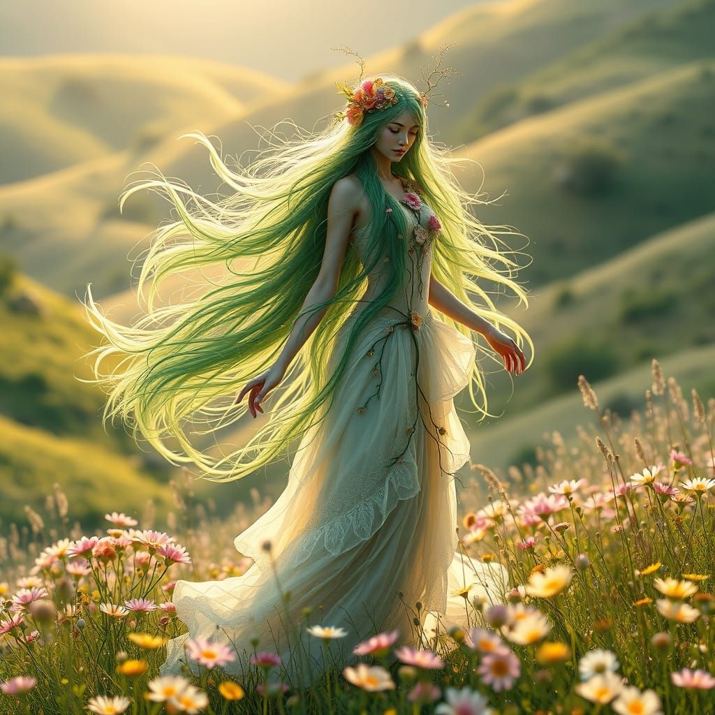 Mystical Spring Goddess Among Blooming Wildflowers