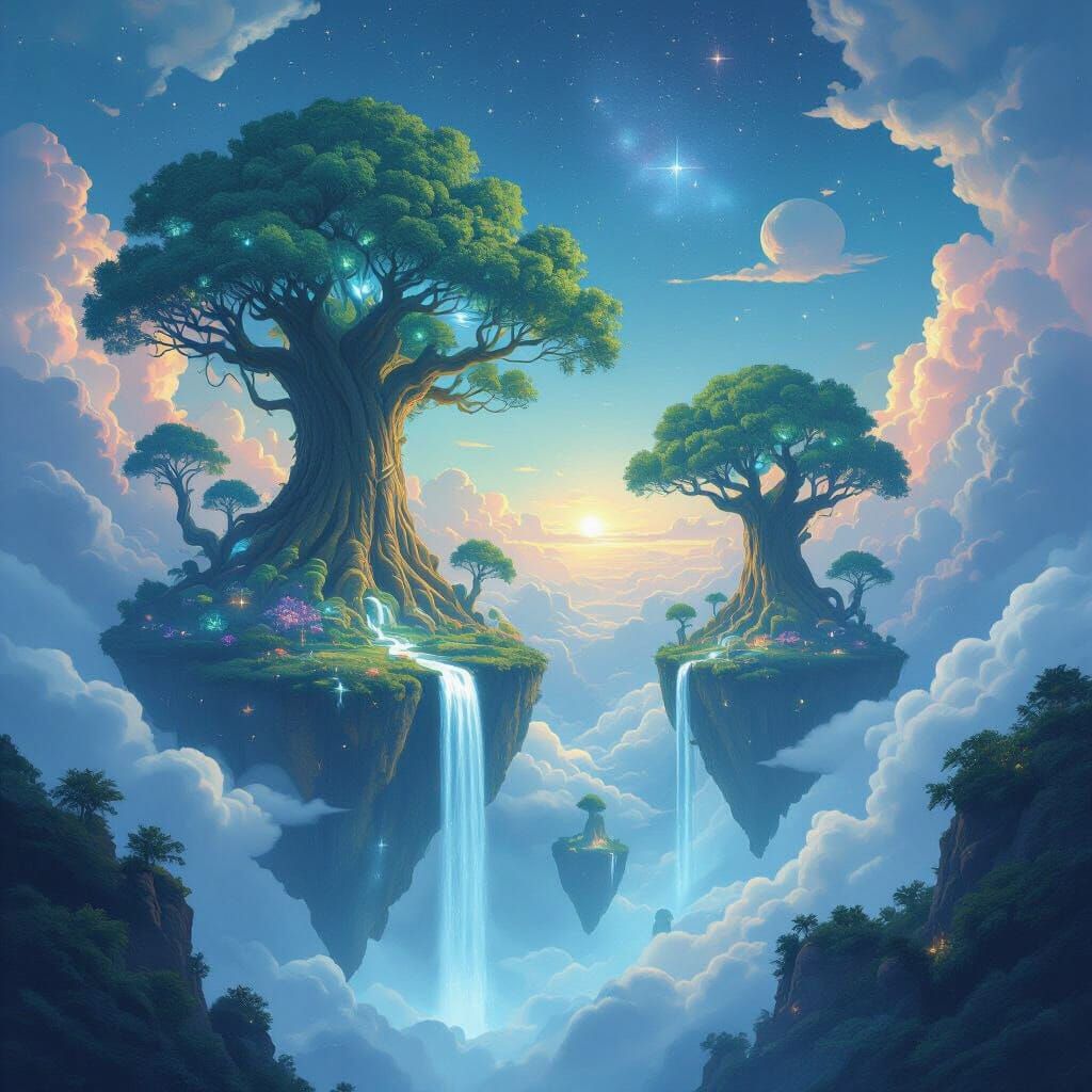 Surreal Dreamscape of Giant Trees on Cloud Islands