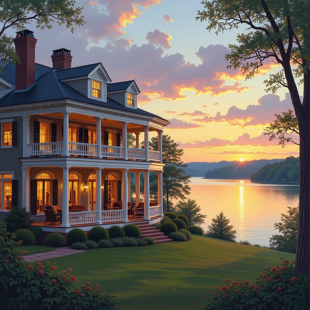 Grand Farmhouse Mansion with Lake View Porch