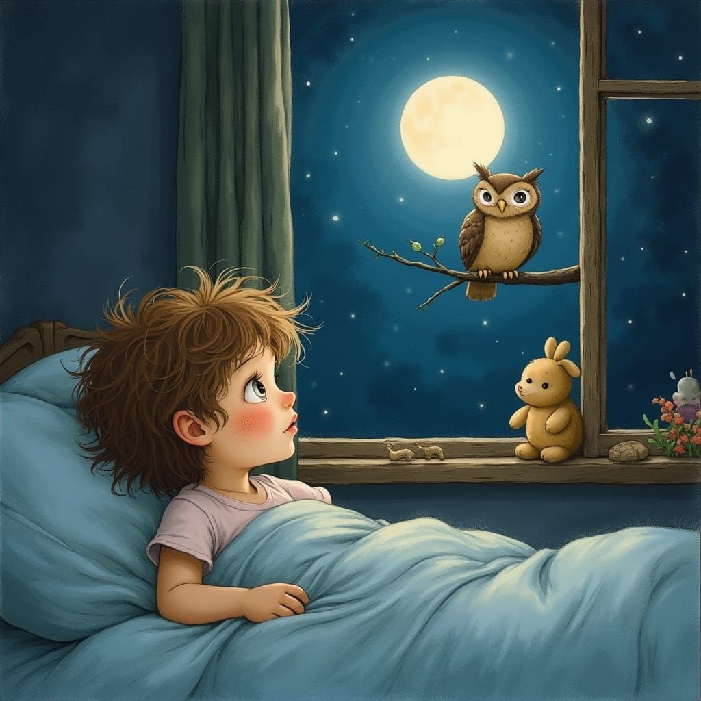Whimsical Moonlit Scene of a Young Girl and Owl, in the Styl...