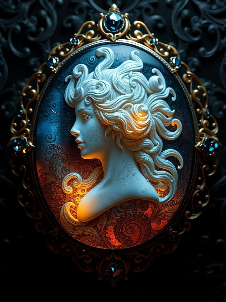 Fractal Cameo Brooch: Abstract Vector Art in Blue and Yellow