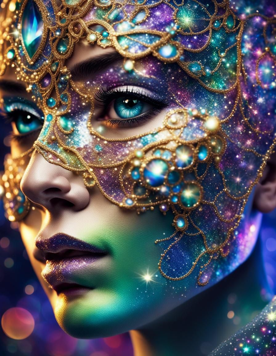 Shimmering Face with Iridescent Mask in Vivid Colors