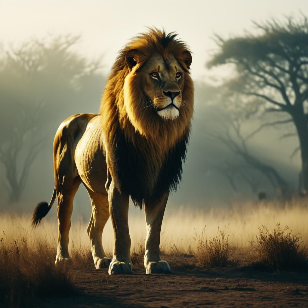 Lion-Horse Chimera in Misty Savannah, Cinematic Style