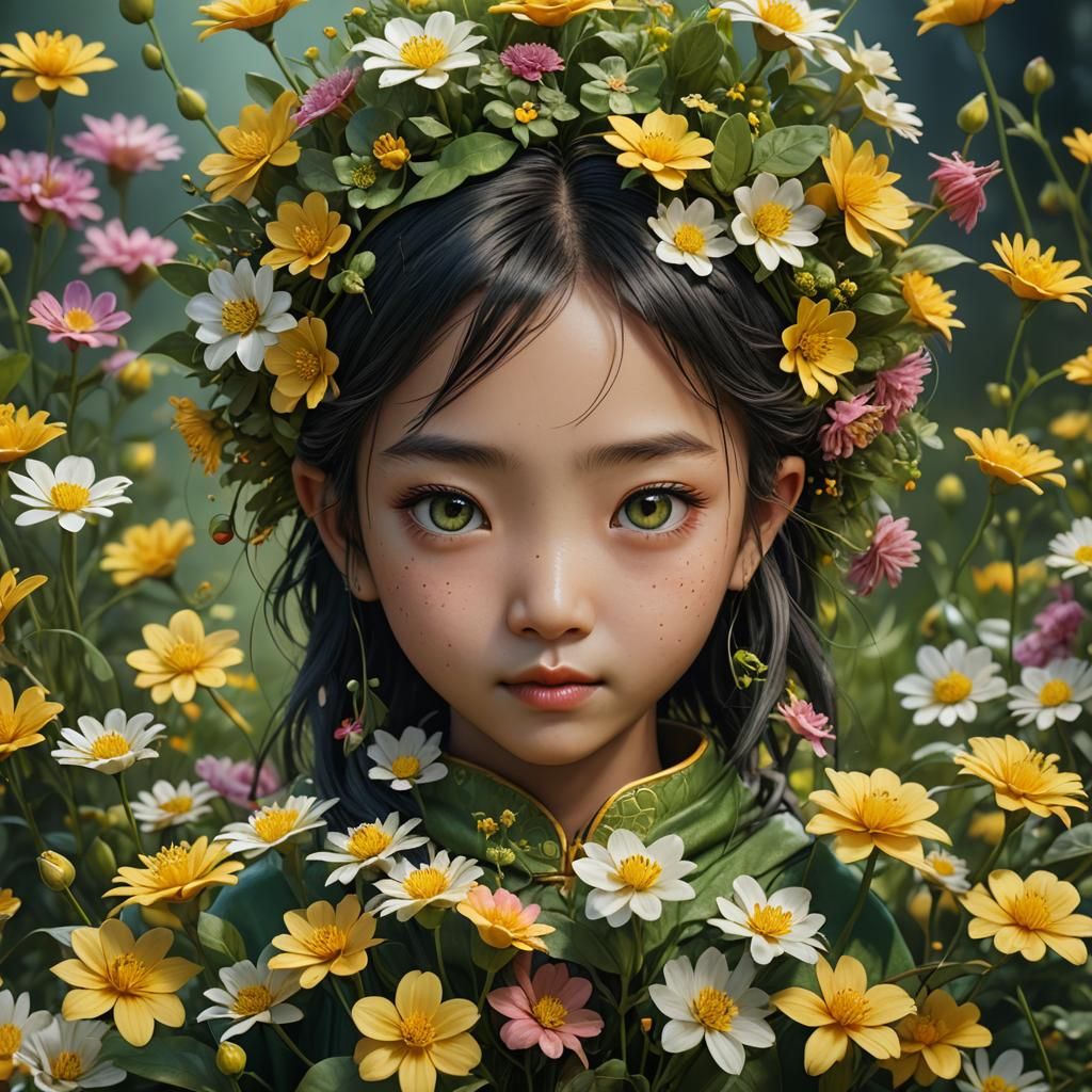 Tiny asian fairy on a tiny flower green yellow Hyper-realism perfect Hyper-realistic realistic perfect eyes