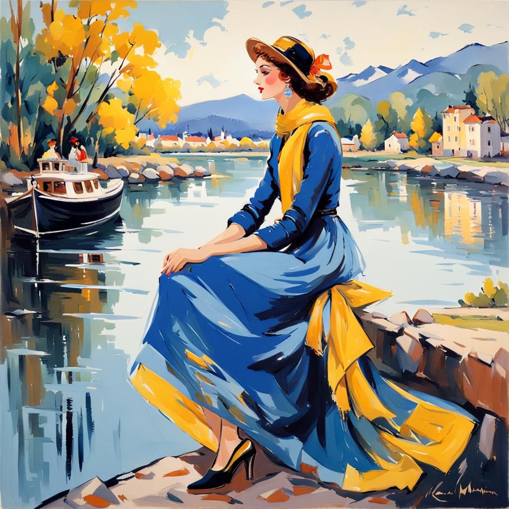 Woman at Riverbank in Maimon-Inspired Illustration