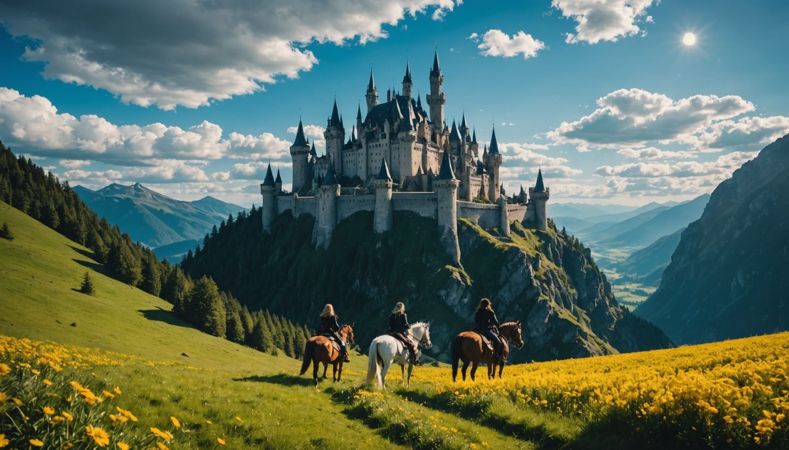 Fairy Castle on Mountain Range with Elves on Horses