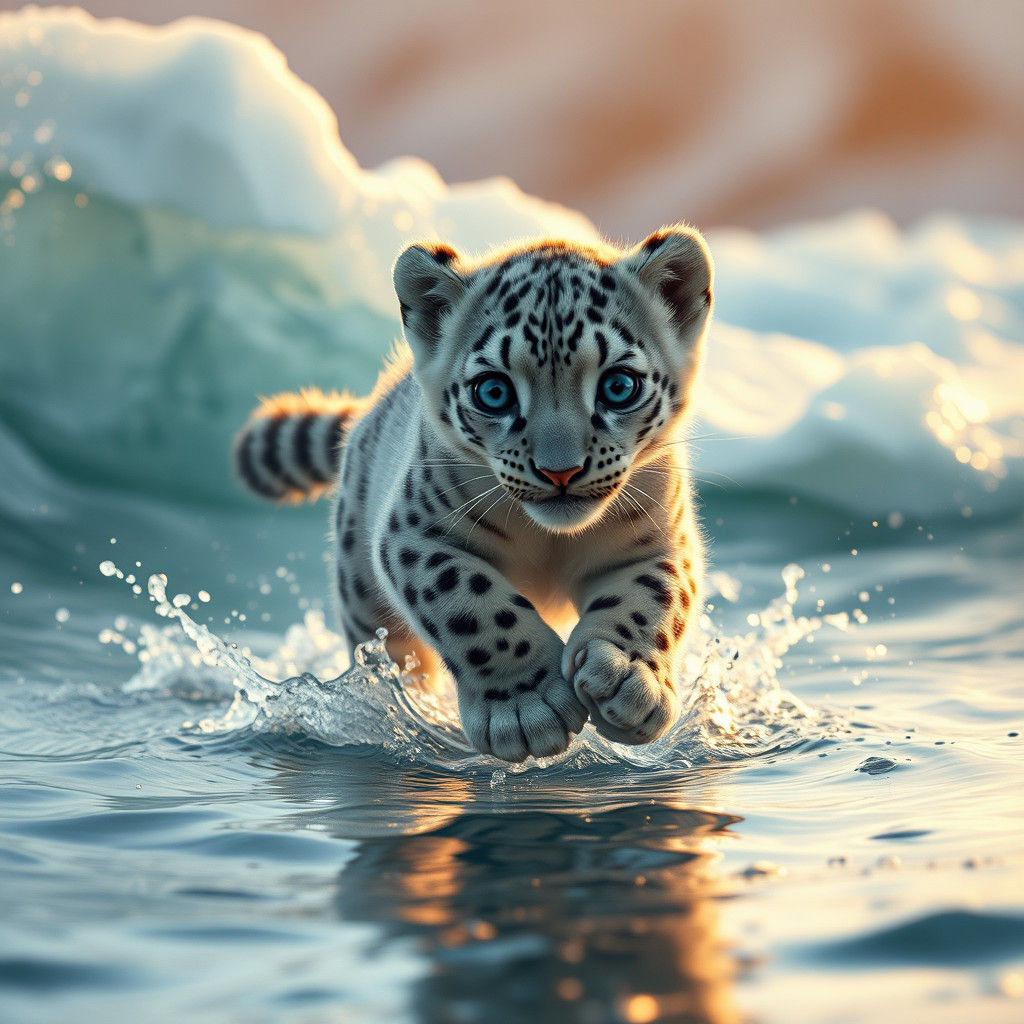 Snow Leopard Cub Runs on Water
