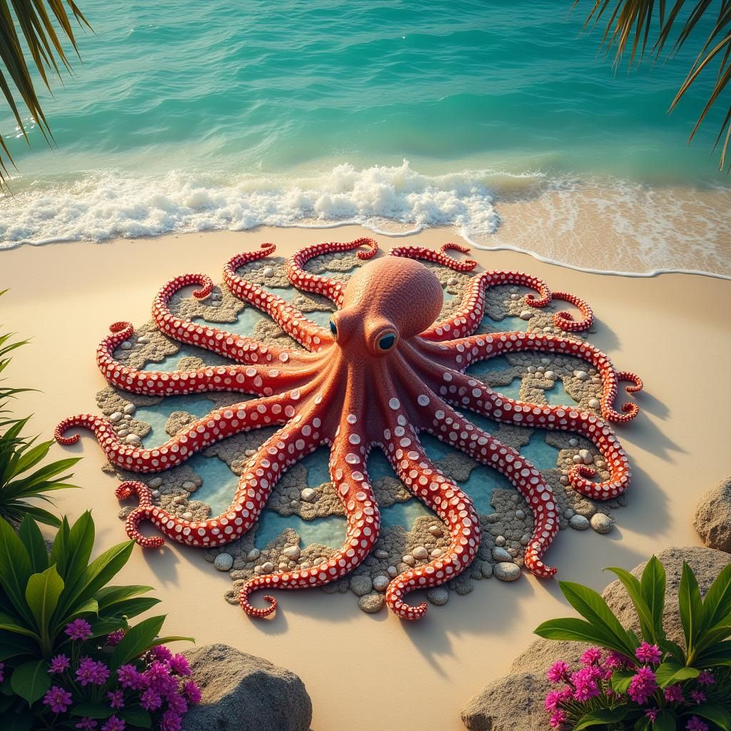 Octopus Mandala on Beach in Photorealistic Style