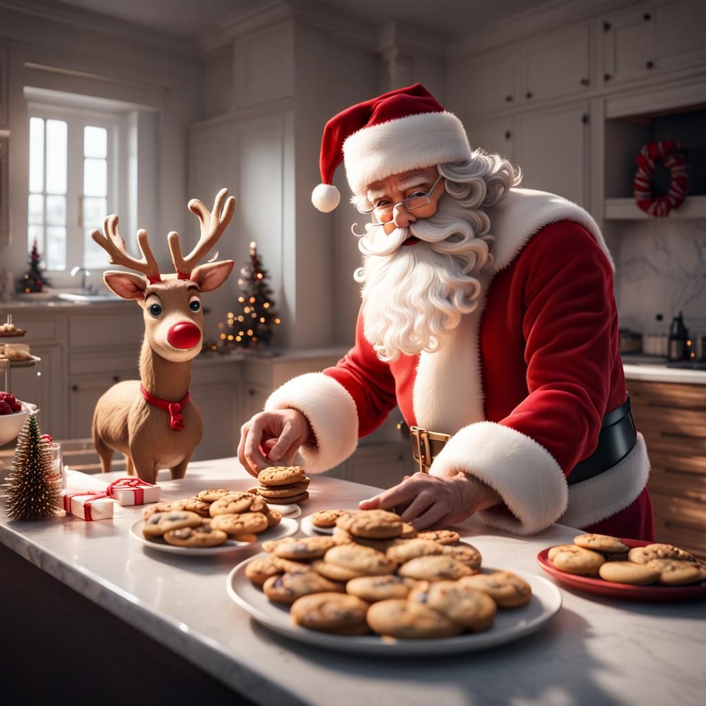 Santa and Rudolph Enjoying Treats in 3D Game Style