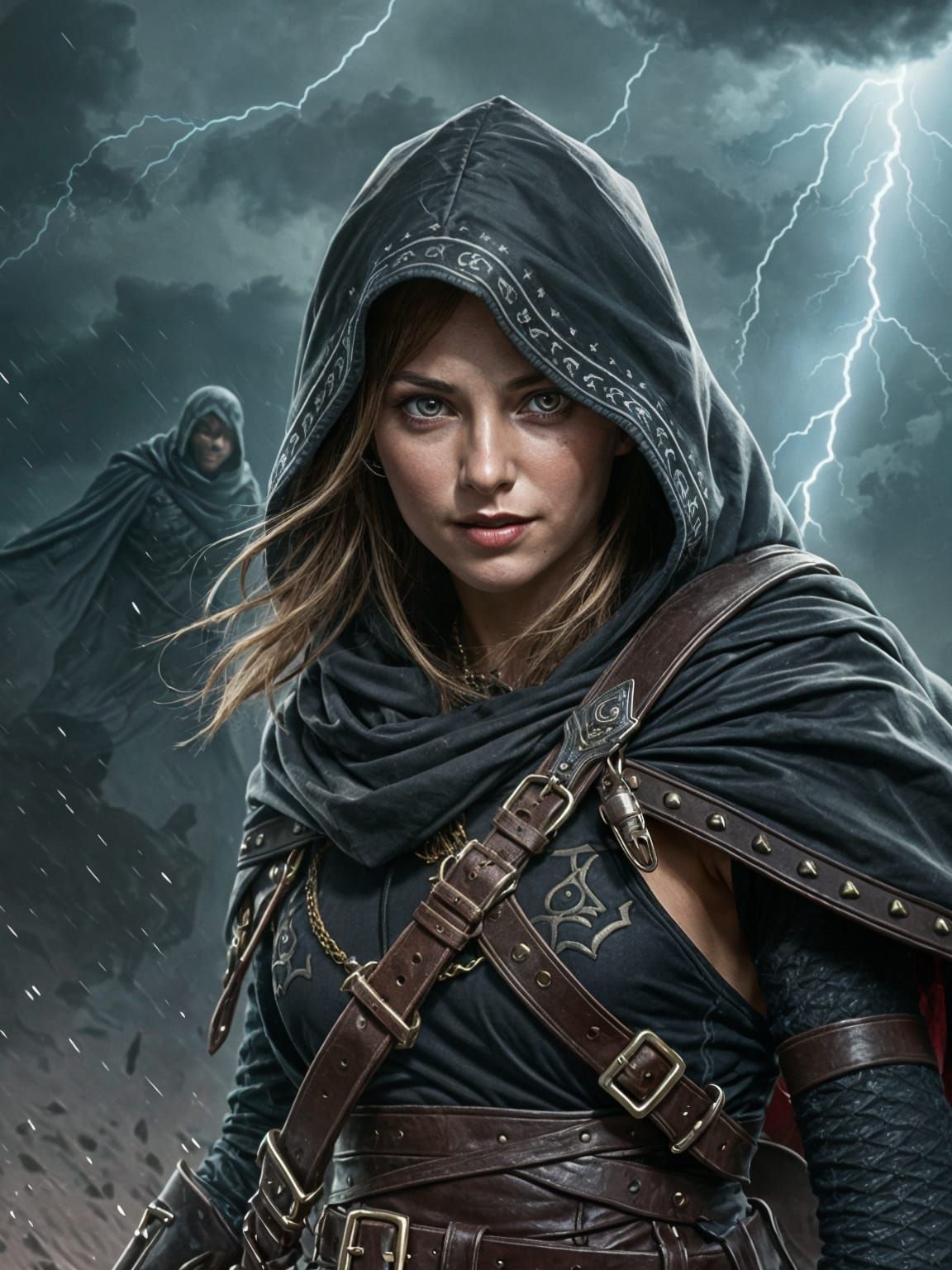 Resilient Warrior Woman Smiling in a Terrible Storm