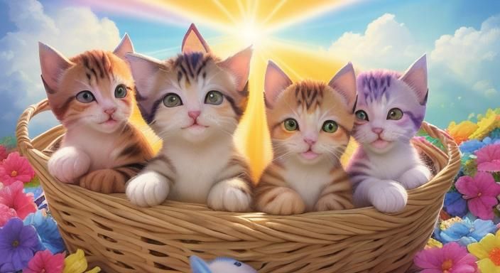 Playful Kittens in Wicker Basket, Hyperrealistic Splash Art