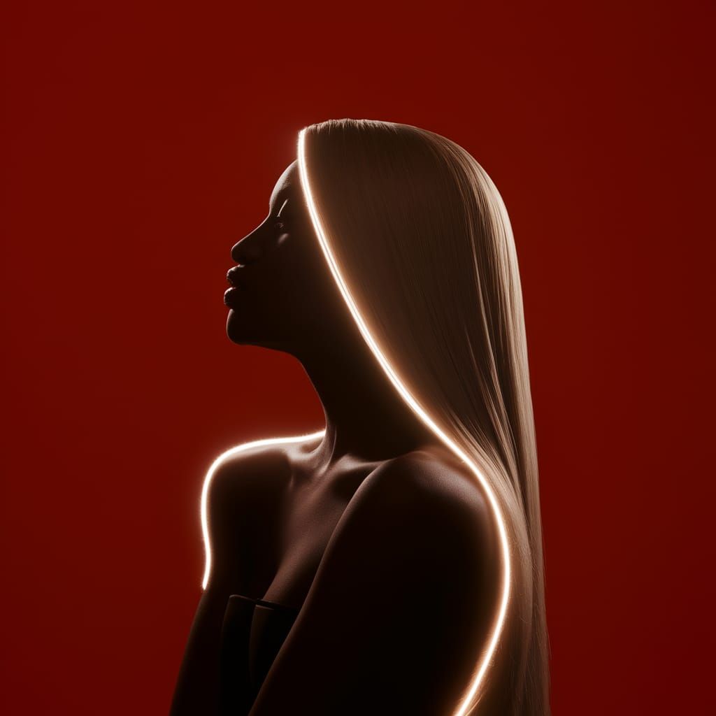 Elegant Silhouette of Woman with Blonde Hair in Red Studio