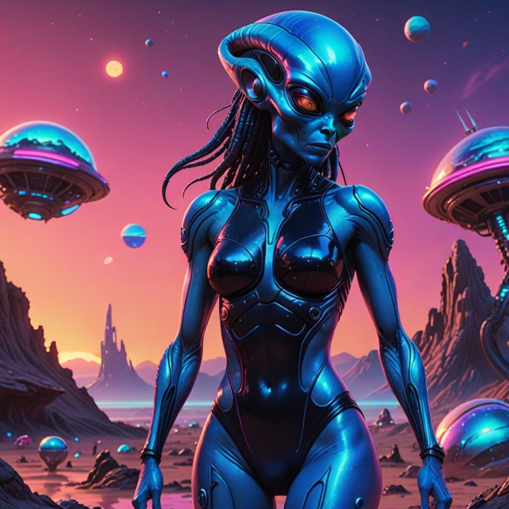 Glowing Blue Alien Goddess on a Vibrant Sunset Planet