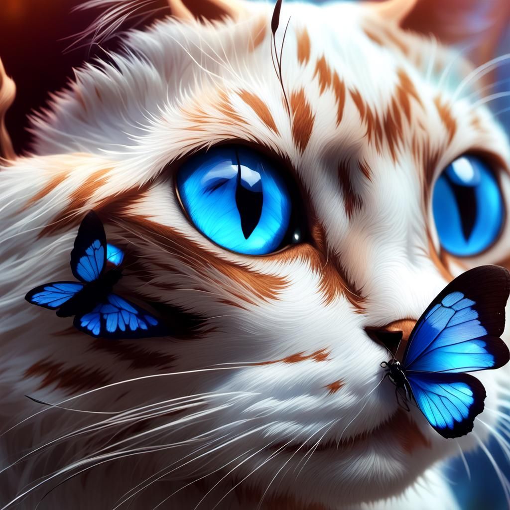 White Cat with Blue Butterfly: 3D Anime Art