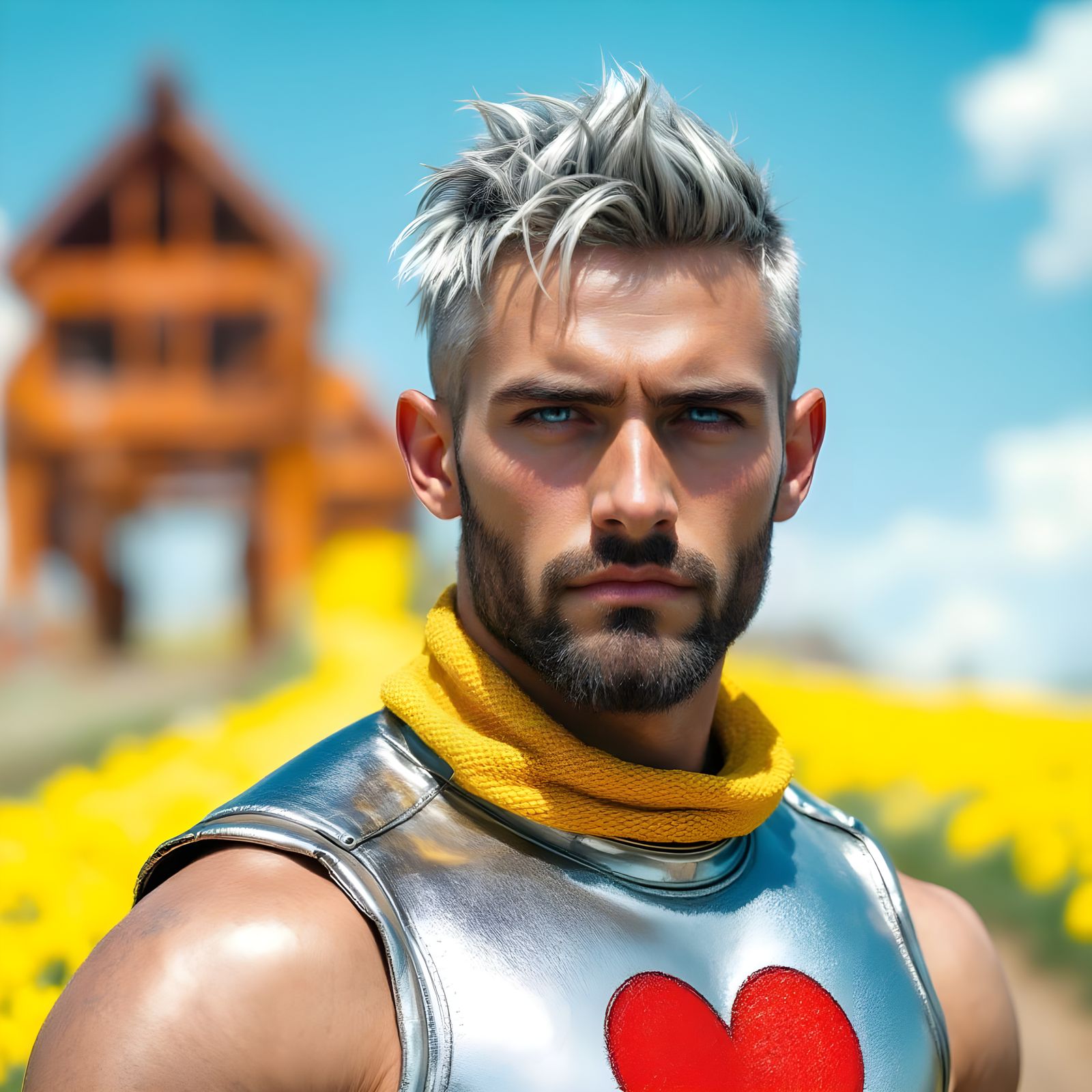 Dashing Man Stands by Yellow Brick Road in Metal Silver Atti...