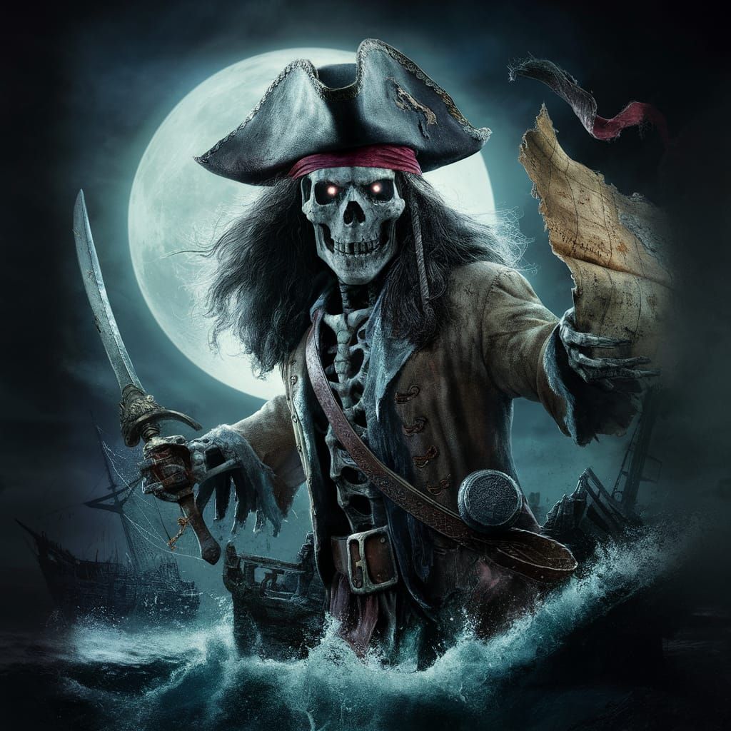 Eerie Skeletal Pirate at Shipwreck in Moonlight