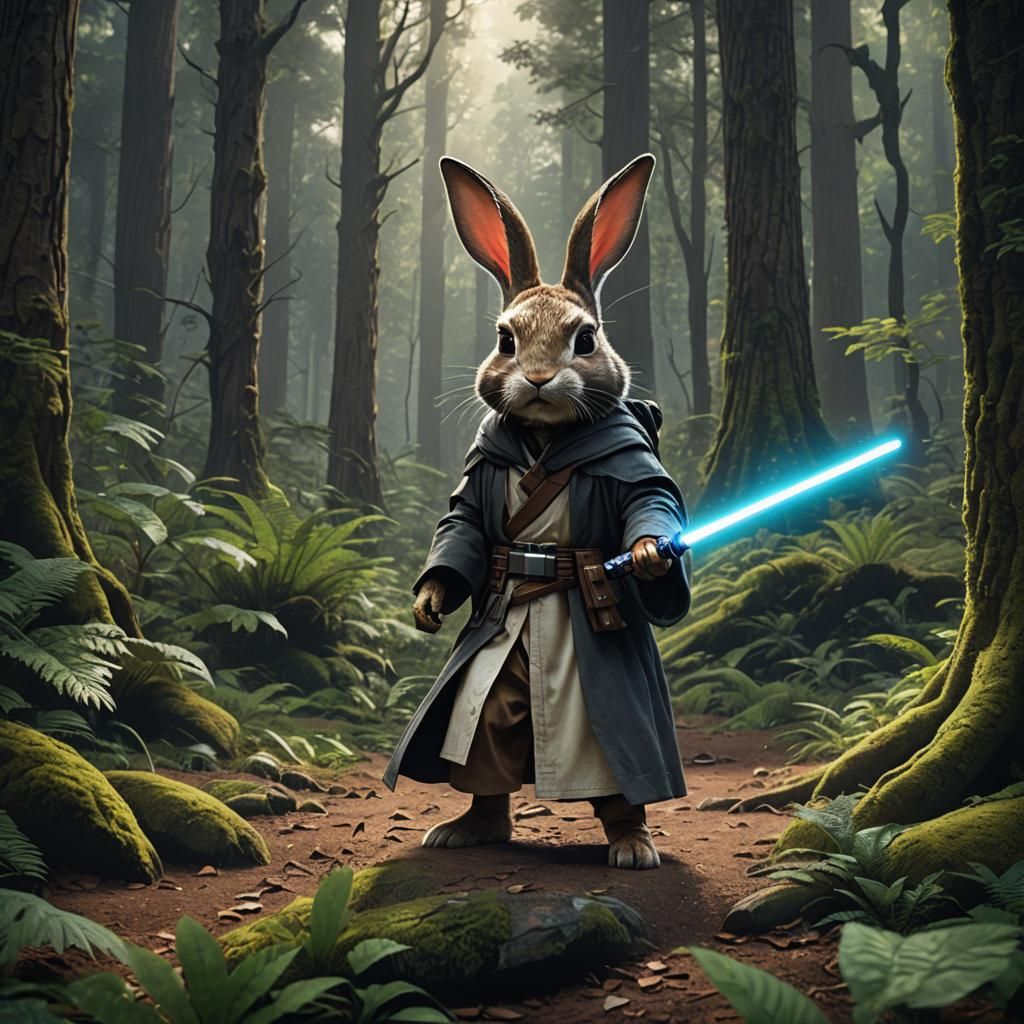 Jedi Rabbit in Forest: Detailed Matte Painting