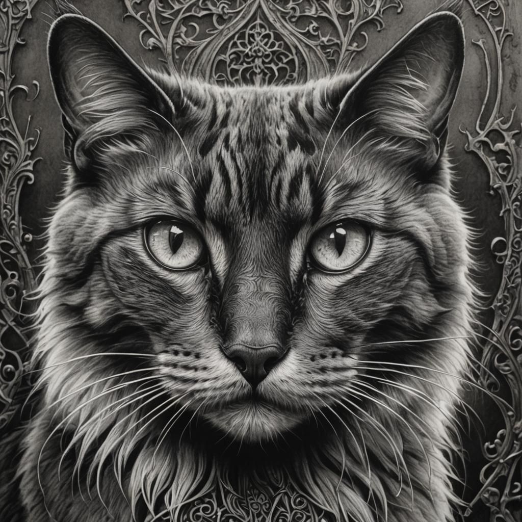 Gothic Cat in Charcoal Drawing